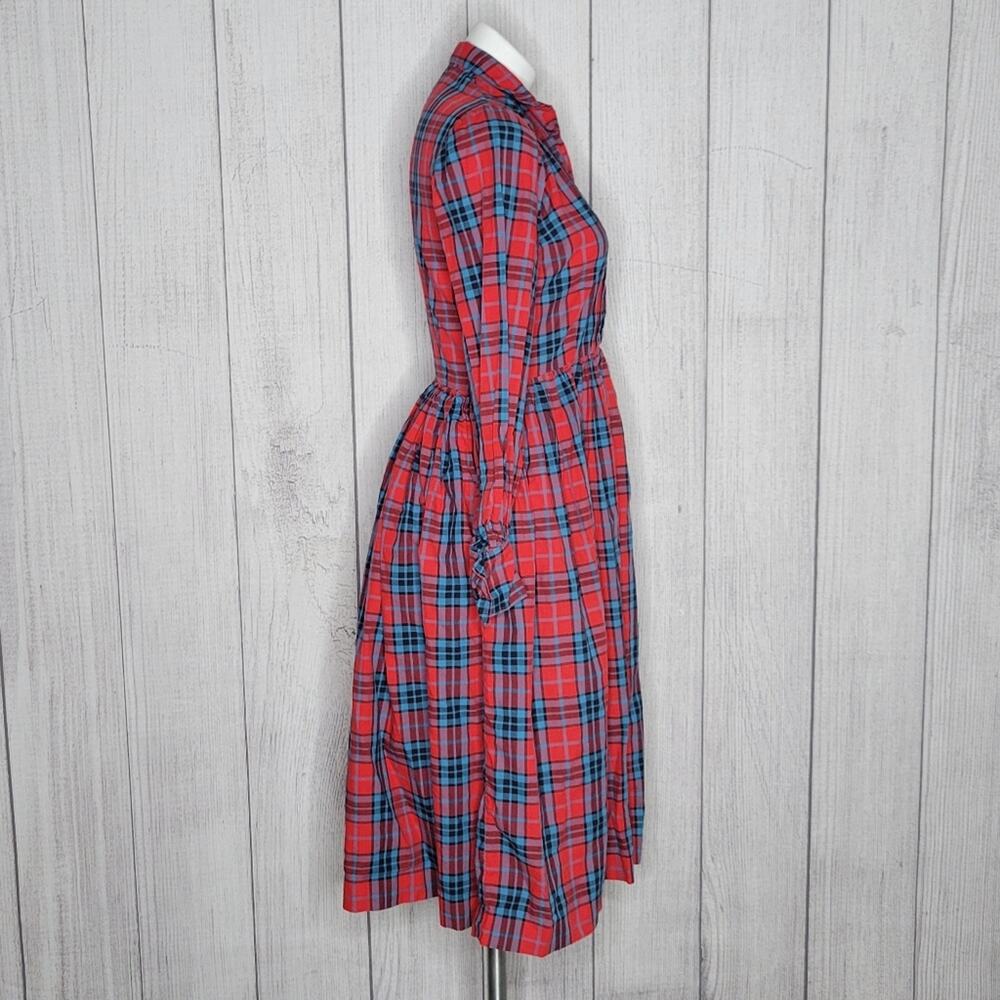 Vintage Handmade Farmcore Blue & Red Plaid Pleated Shirt Dress - Picture 2 of 5